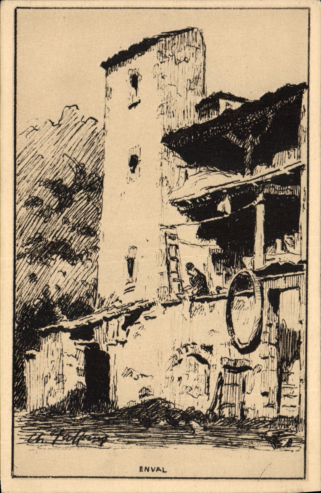 Maison à Enval — Dessin Ch. Jaffeeux — Éditeur Yvon pour l'Hygiène Sociale du Pay-de-Dôme