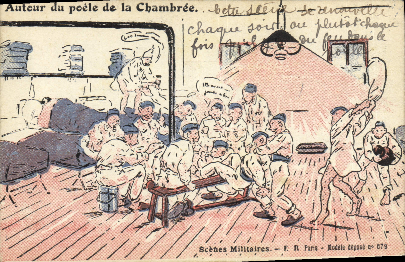 Autour du poêle de la Chambrière — Scènes Militaires — F. R. Paris — Modèle déposé n° 879