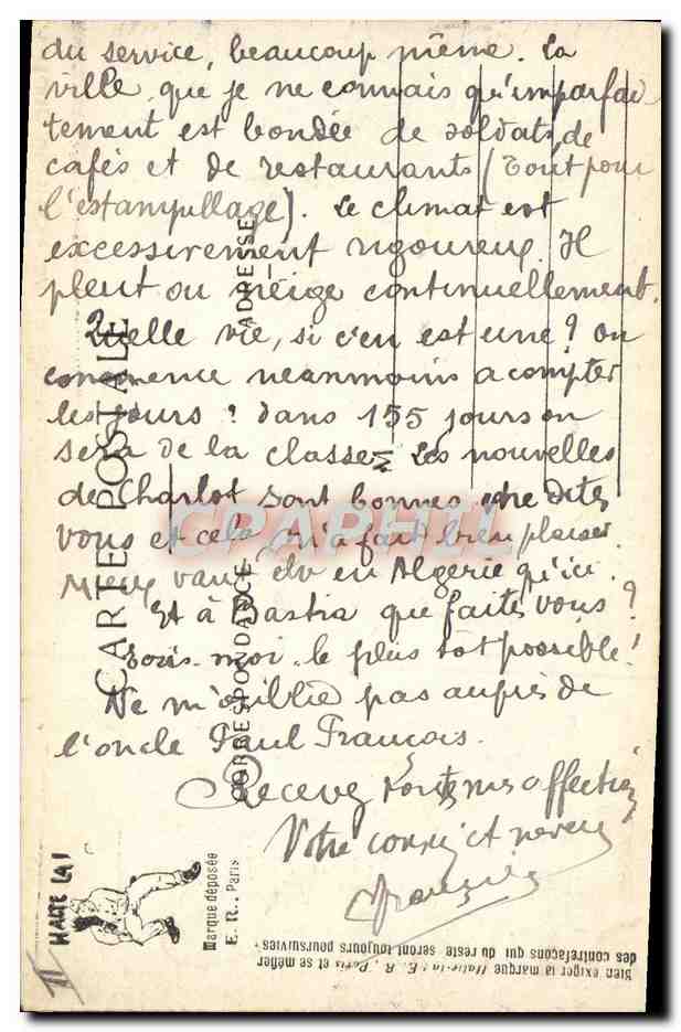 Autour du poêle de la Chambrière — Scènes Militaires — F. R. Paris — Modèle déposé n° 879 — Reverso