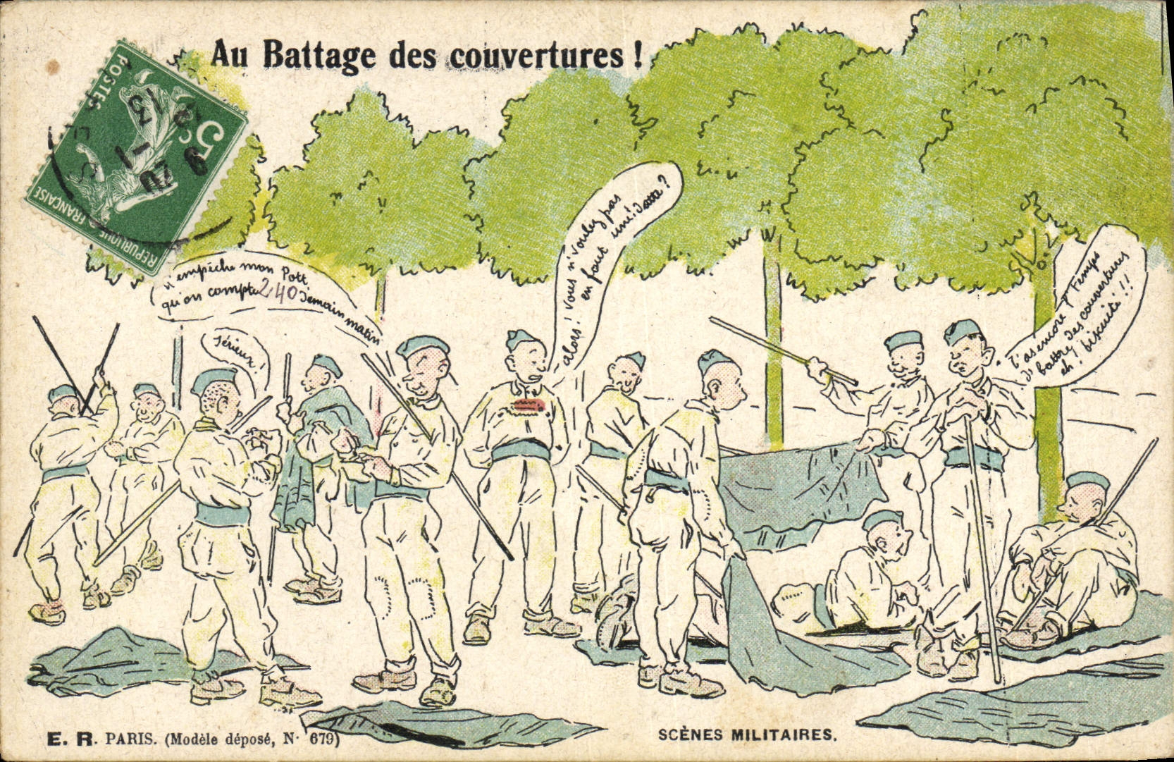 Au Battage des couvertures ! — Scènes Militaires, N° 679 — E.R. Paris
