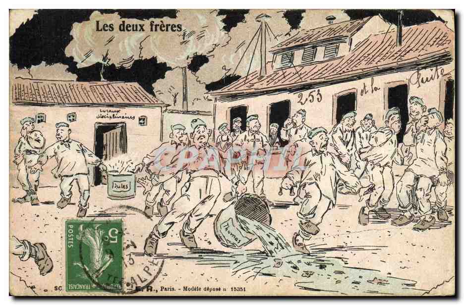 Les deux frères — caricature de soldats en train de se battre avec des seaux — E.R., Paris, n° 15351