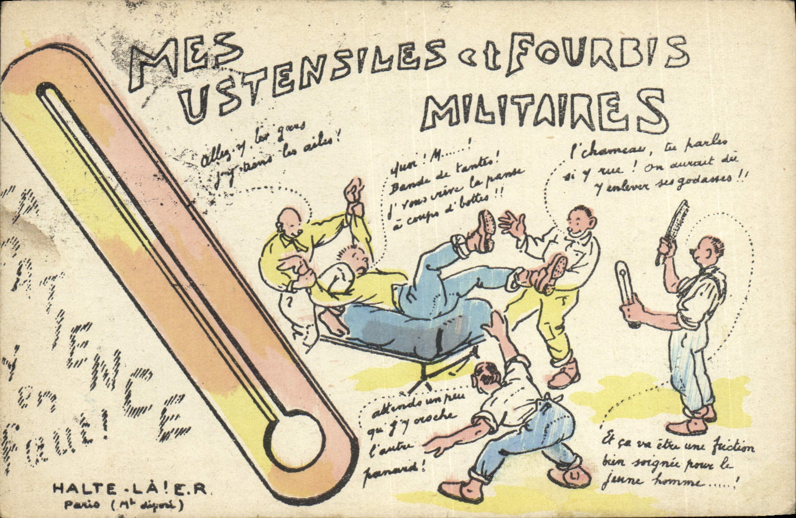 Carte postale satirique — Mes ustensiles et fourbis militaires — éditée par Halte-là ! E.R. Paris (N° disparu)