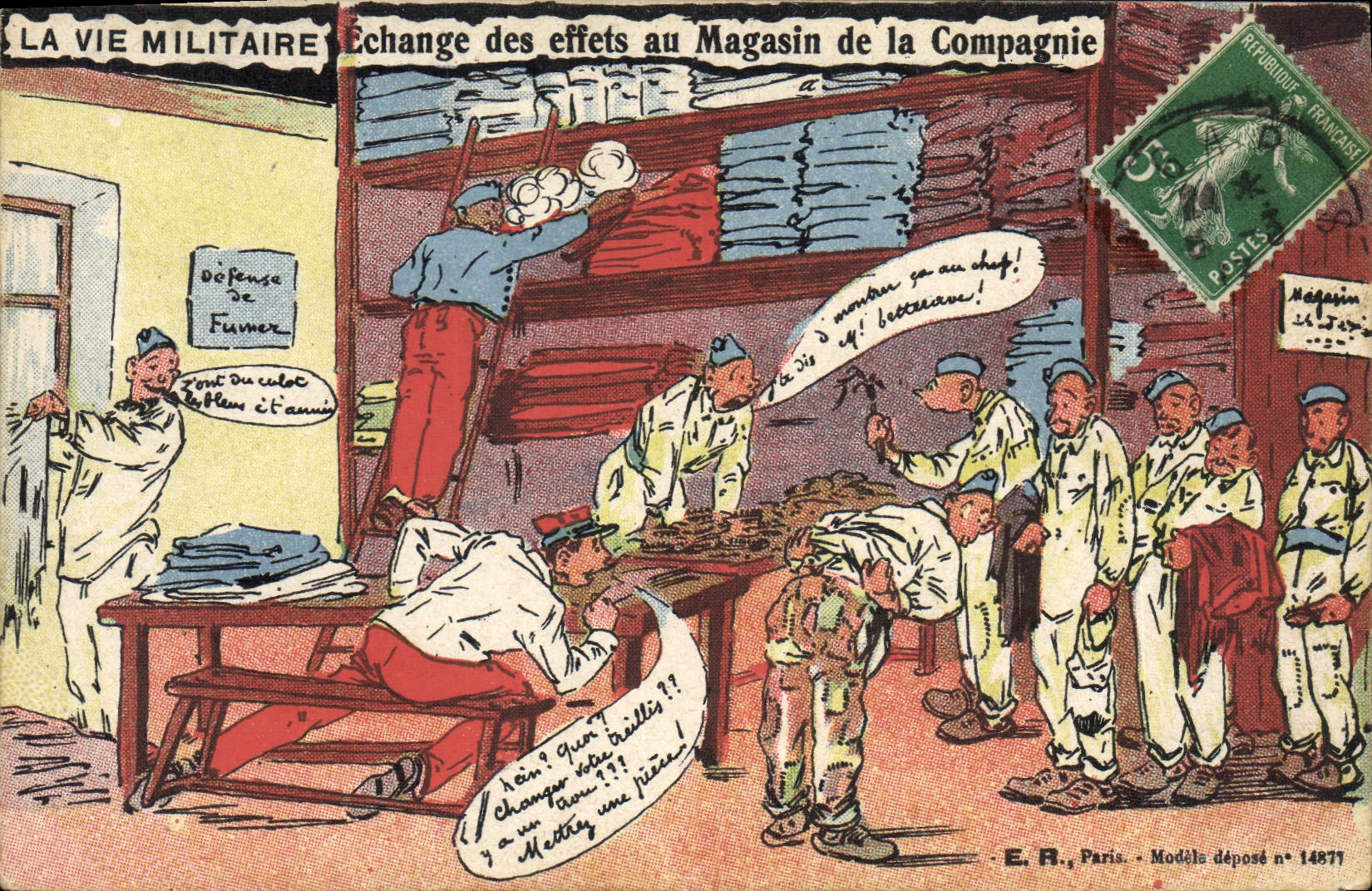 Échange des effets au Magasin de la Compagnie — La Vie Militaire — E.R., Paris, Modèle déposé n° 14877