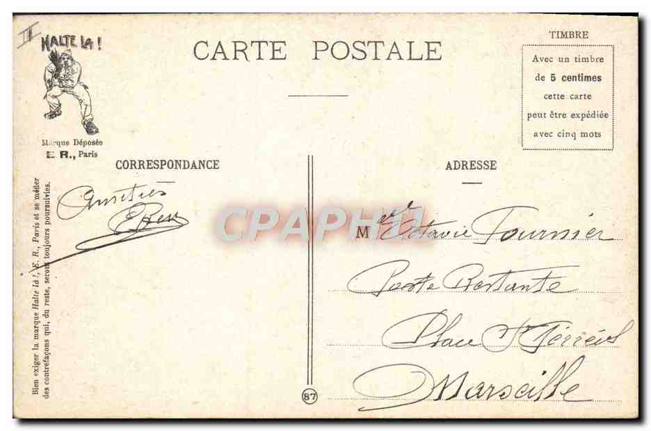 Échange des effets au Magasin de la Compagnie — La Vie Militaire — E.R., Paris, Modèle déposé n° 14877 — Verso