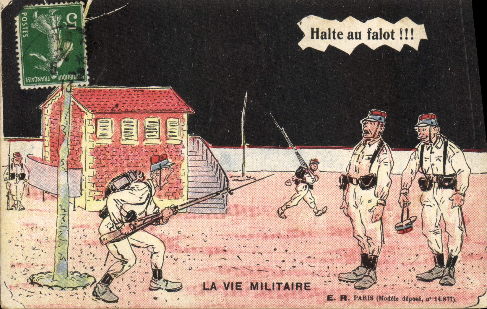 La vie militaire — Halte au falot !!! — E.R. Paris (Modèle déposé, n° 14.877)