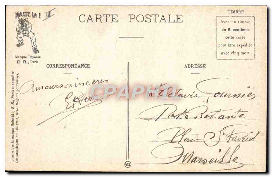 La vie militaire — Halte au falot !!! — E.R. Paris (Modèle déposé, n° 14.877) — Reverso