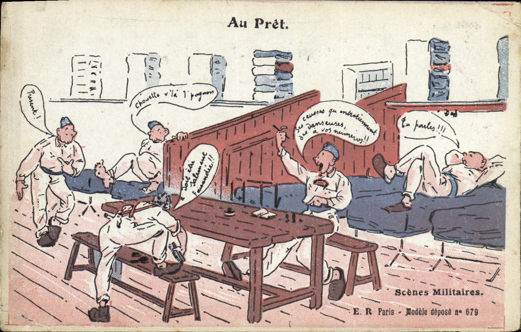 Au Prêt. — Scènes Militaires — E.R. Paris, Modèle déposé n° 679