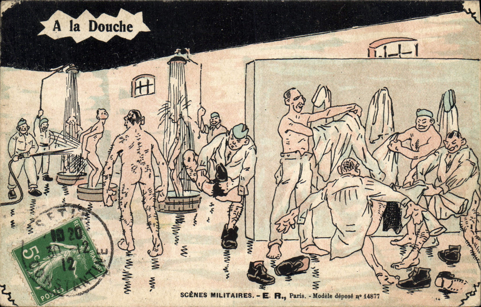 Scènes Militaires — A la Douche — E.R., Paris, Modèle déposé n°14877