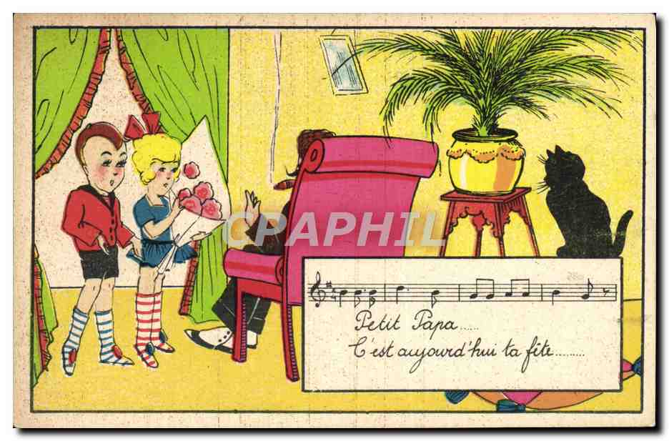 CPA Fantaisie Tabac Enfants Cigare Chat Musique Chaton