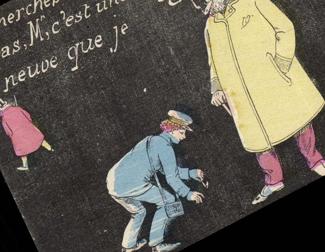 Scène de rue — trois personnages — éditeur inconnu, n° de série non visible