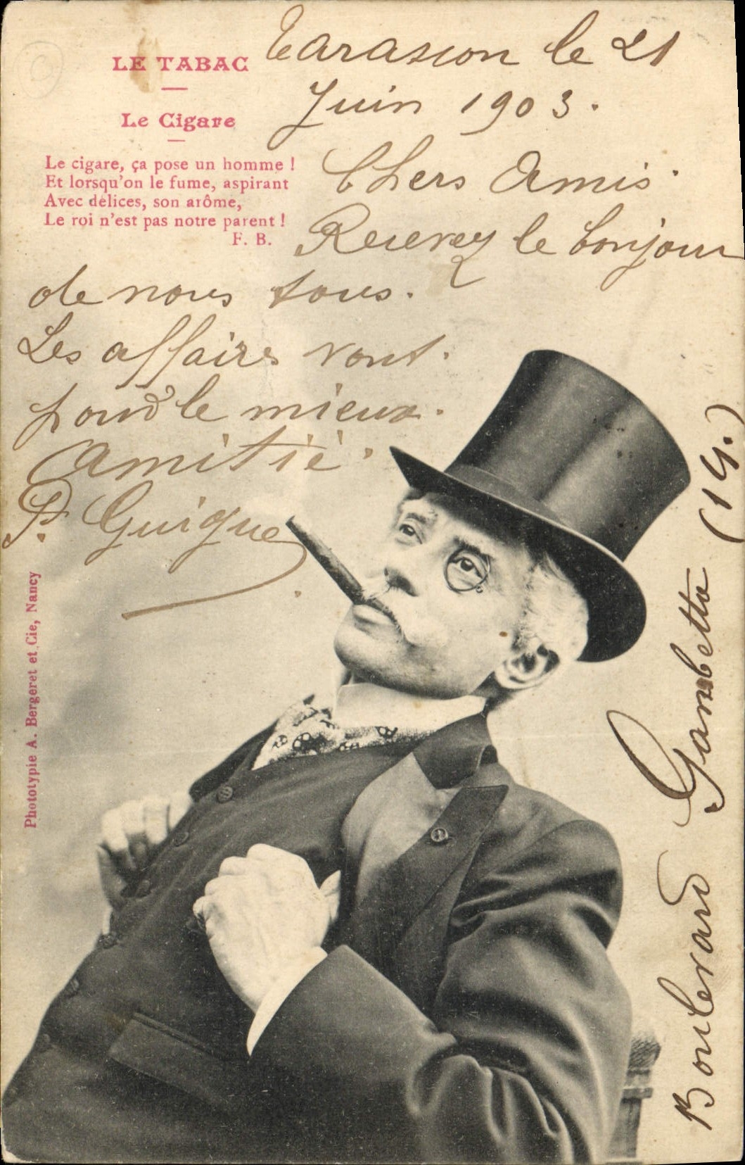 Homme en haut-de-forme fumant un cigare — Le Tabac — Phototypie A. Bergeret et Cie, Nancy
