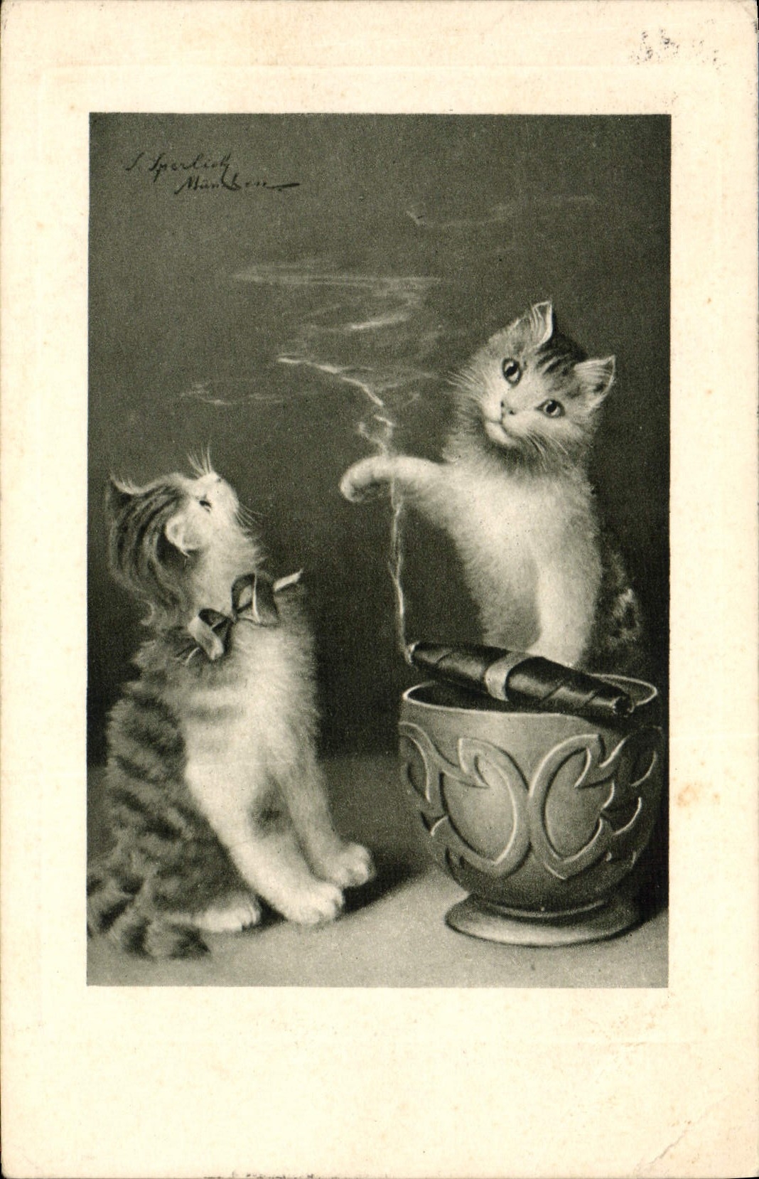 CPA Fantaisie Tabac Chat Chaton Cigare