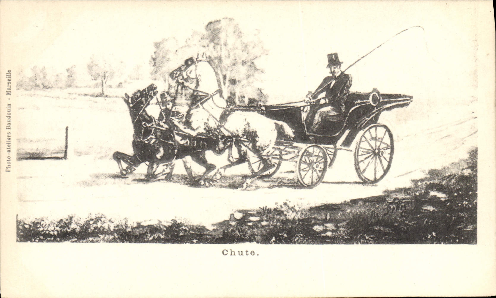 CPA Attelage Chevaux Chute
