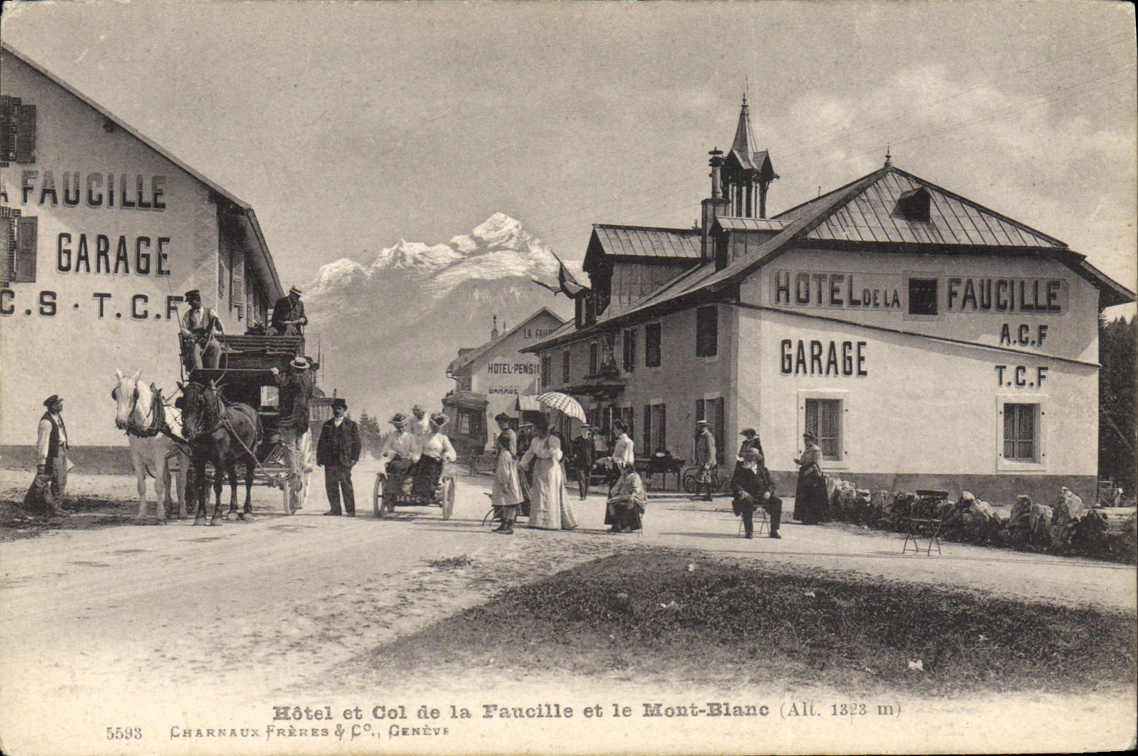 Hôtel et Col de la Faucille — vue avec le Mont-Blanc en arrière-plan — Charnaux Frères & Co., Genève, n° 5598