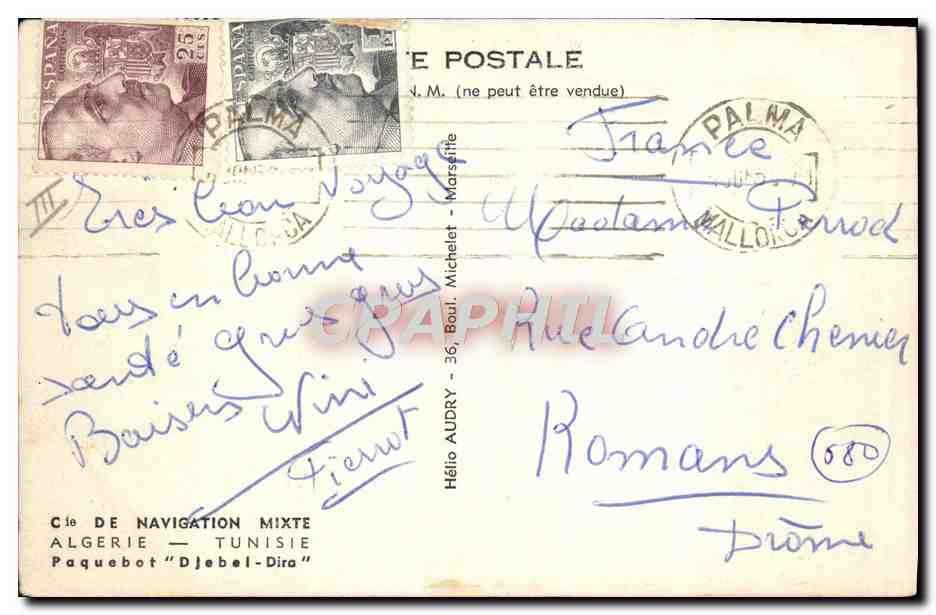 Paquebot Djebel-Dira — Cie de Navigation Mixte — Algérie-Tunisie — Verso