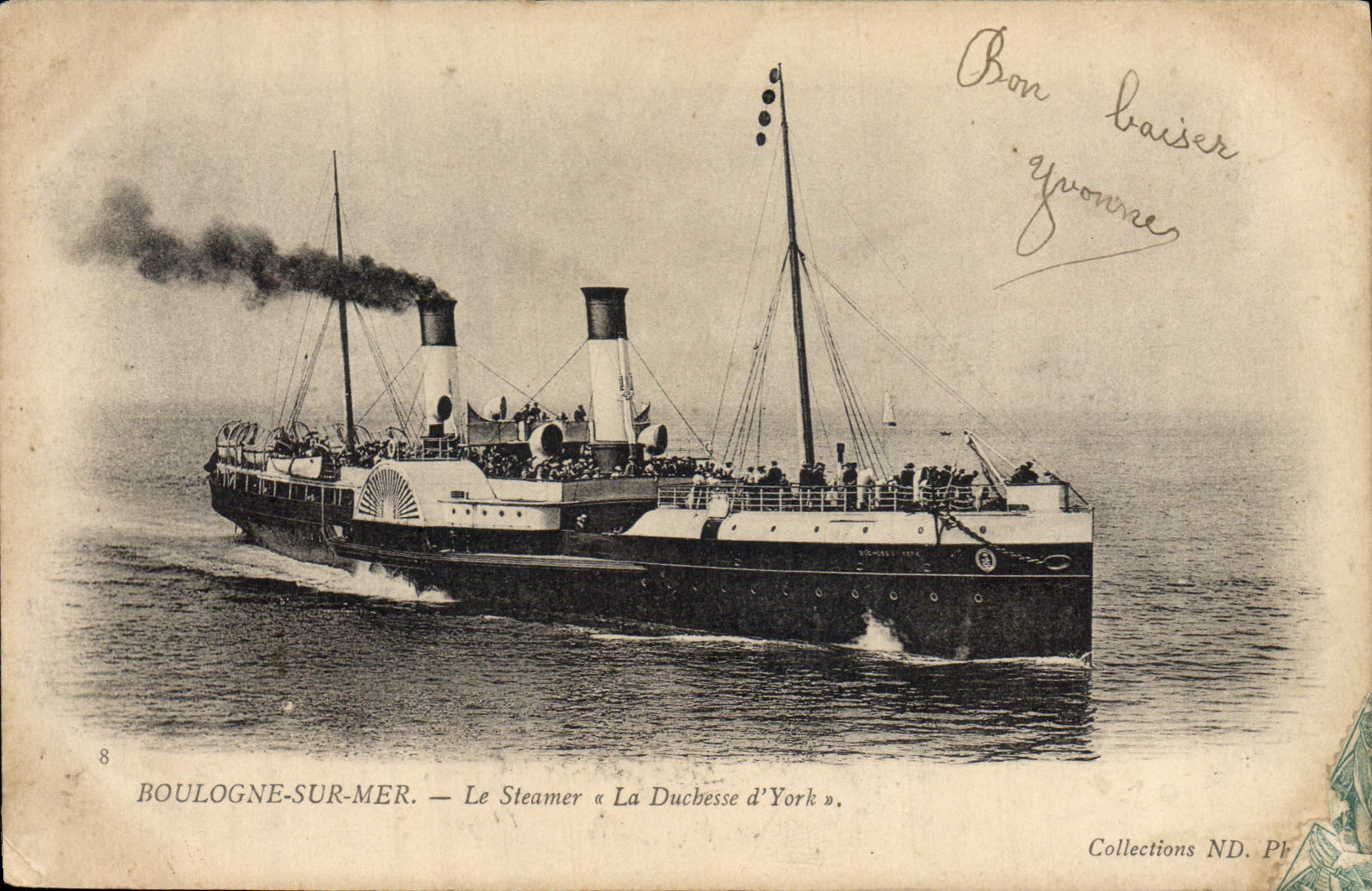 Tarjeta postal antigua Barco Paquebot Boulogne sur Mer El vaporero La Duchesse D'York
