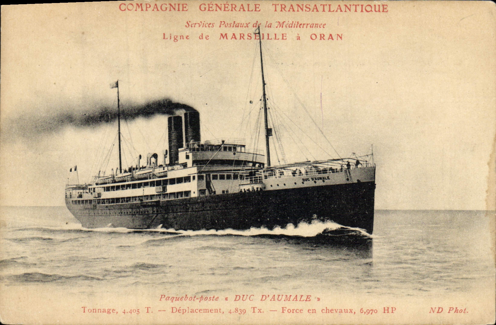 Paquebot « Duc d'Aumale » — Compagnie Générale Transatlantique — Ligne Marsella a Orán