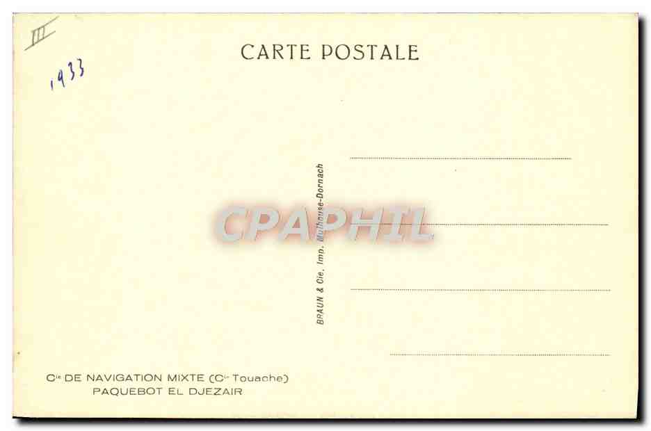 Paquebot El Djezair — Cie de Navigation Mixte (Cie Touache) — Verso