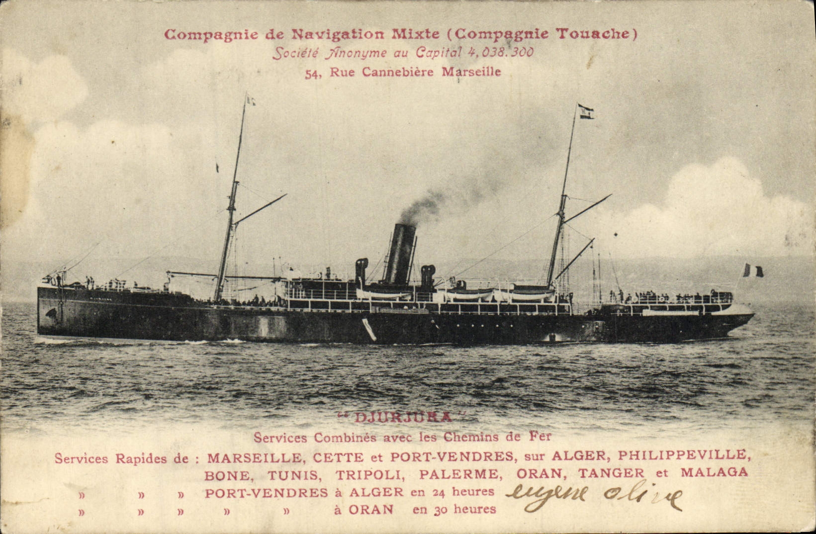 La nave a vapore "DJURJUKA" — Compagnie de Navigation Mixte (Compagnie Touache) — Marsiglia