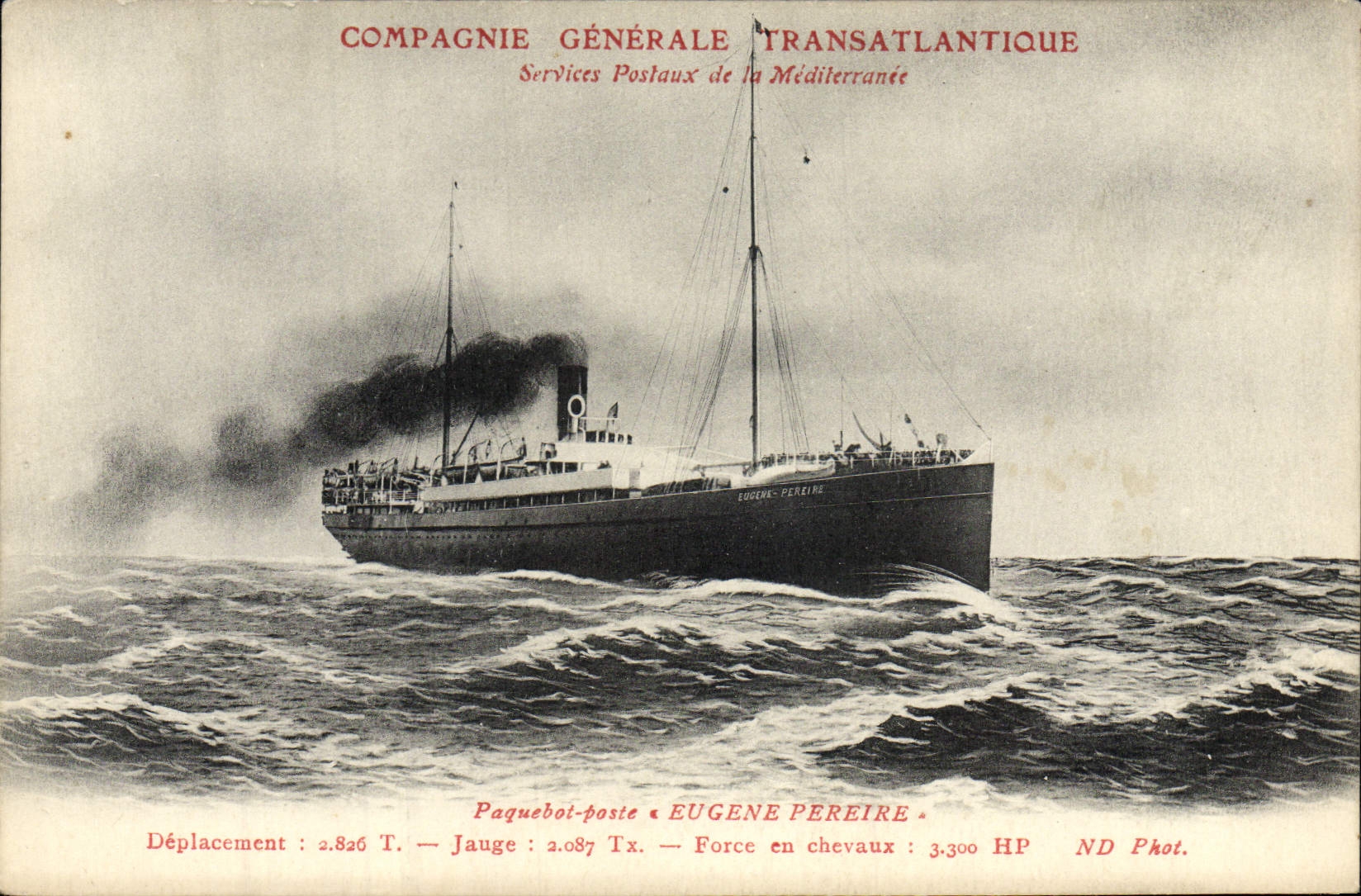Paquebot-poste Eugène Pereire — Compagnie Générale Transatlantique — Services Postaux de la Méditerranée