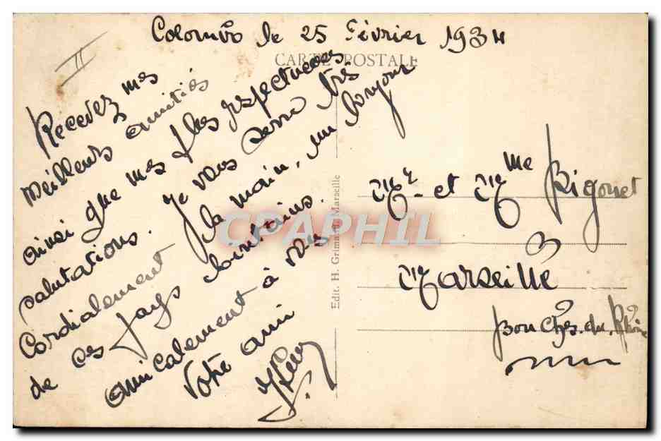 S/S Félix ROUSSEL — Paquebot des Messageries Maritimes et Cie — Colombo — Verso