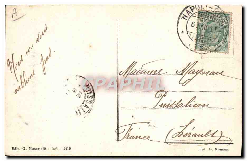 Port de Naples — Le navire impérial R. Nave Vitt. Emanuele — Éditeur G. Moscatelli, n° 1419 — Verso