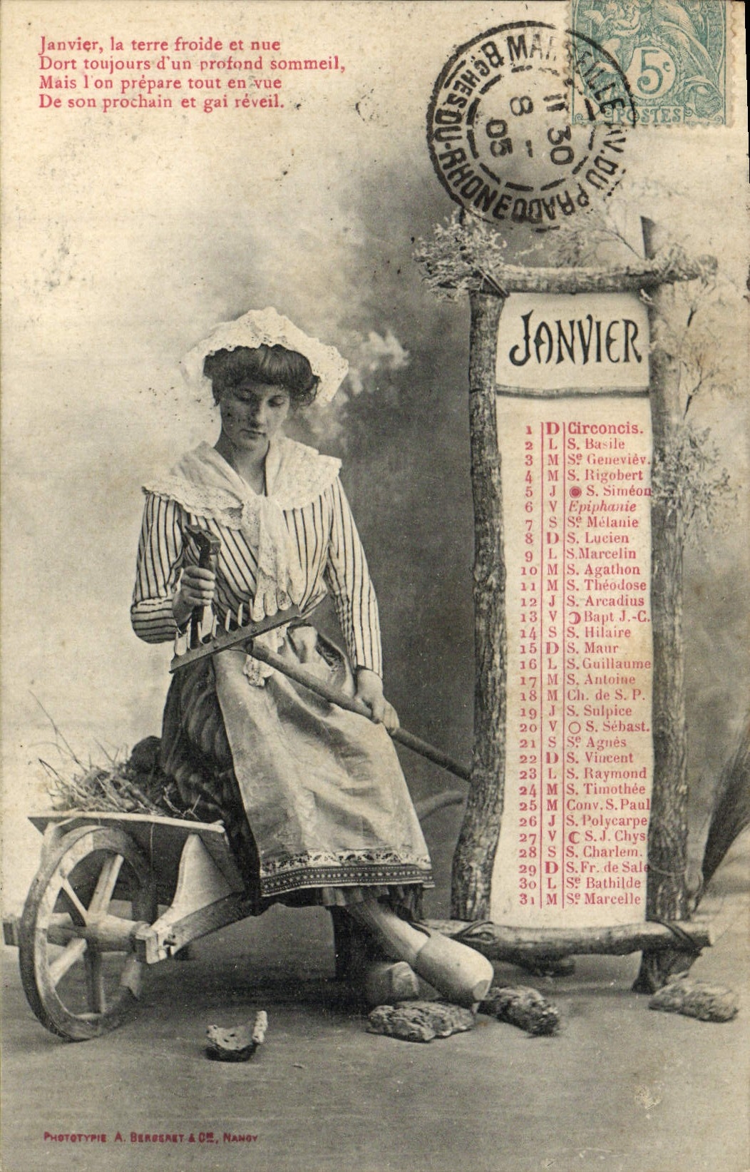 Femme avec charrette — Janvier — Phototypie A. Berberet & Cie, Nancy