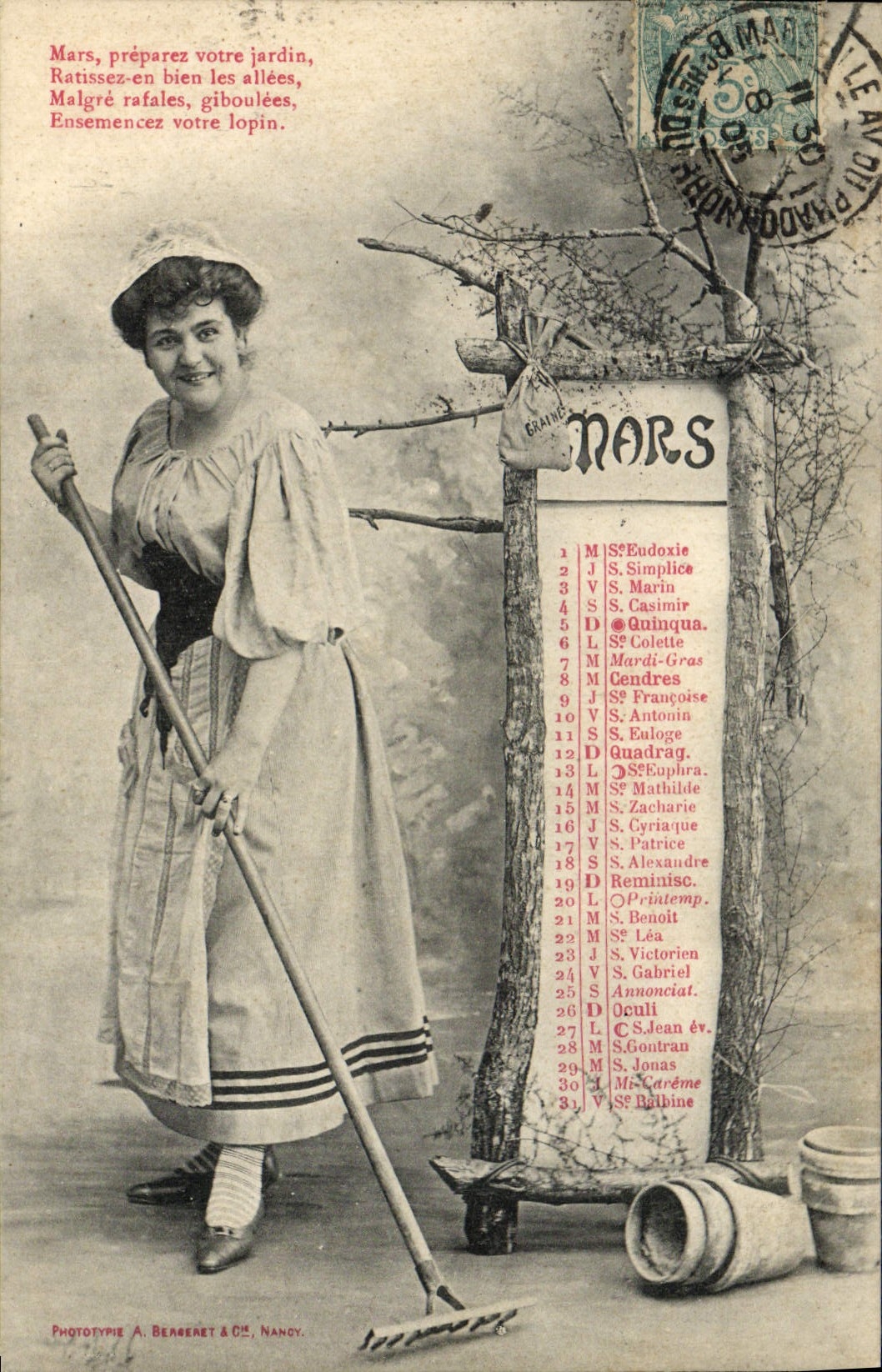 Femme jardinant — conseils agricoles pour Mars — Phototypie A. Beberet & Cie, Nancy