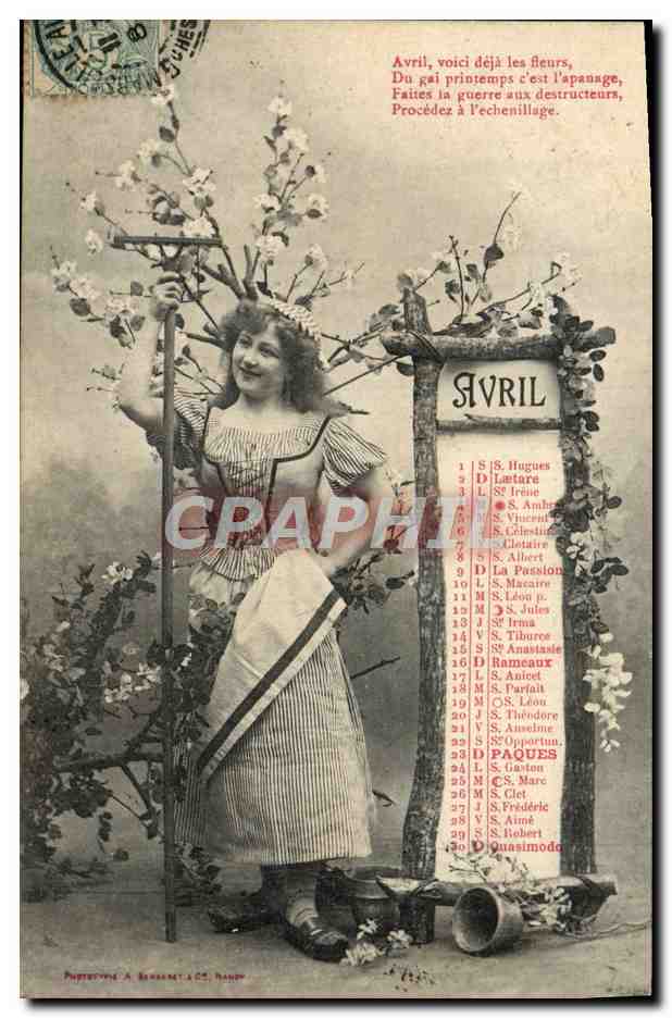 Femme au printemps — calendrier d'Avril — éditeur P. BERNARD & Cie, Nancy