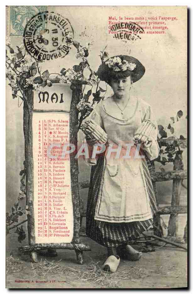 Femme en costume de campagne avec calendrier de mai — Néderphe A. Bernet & Cie, Marseille