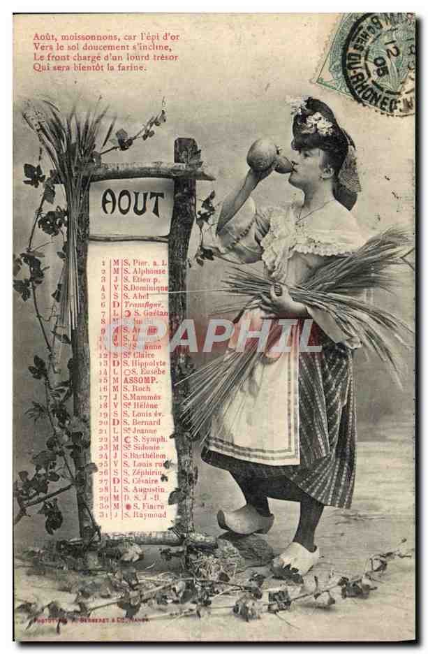Août — calendrier avec femme tenant épis de blé — Phototypie P. Berghénet & Cie, Nancy