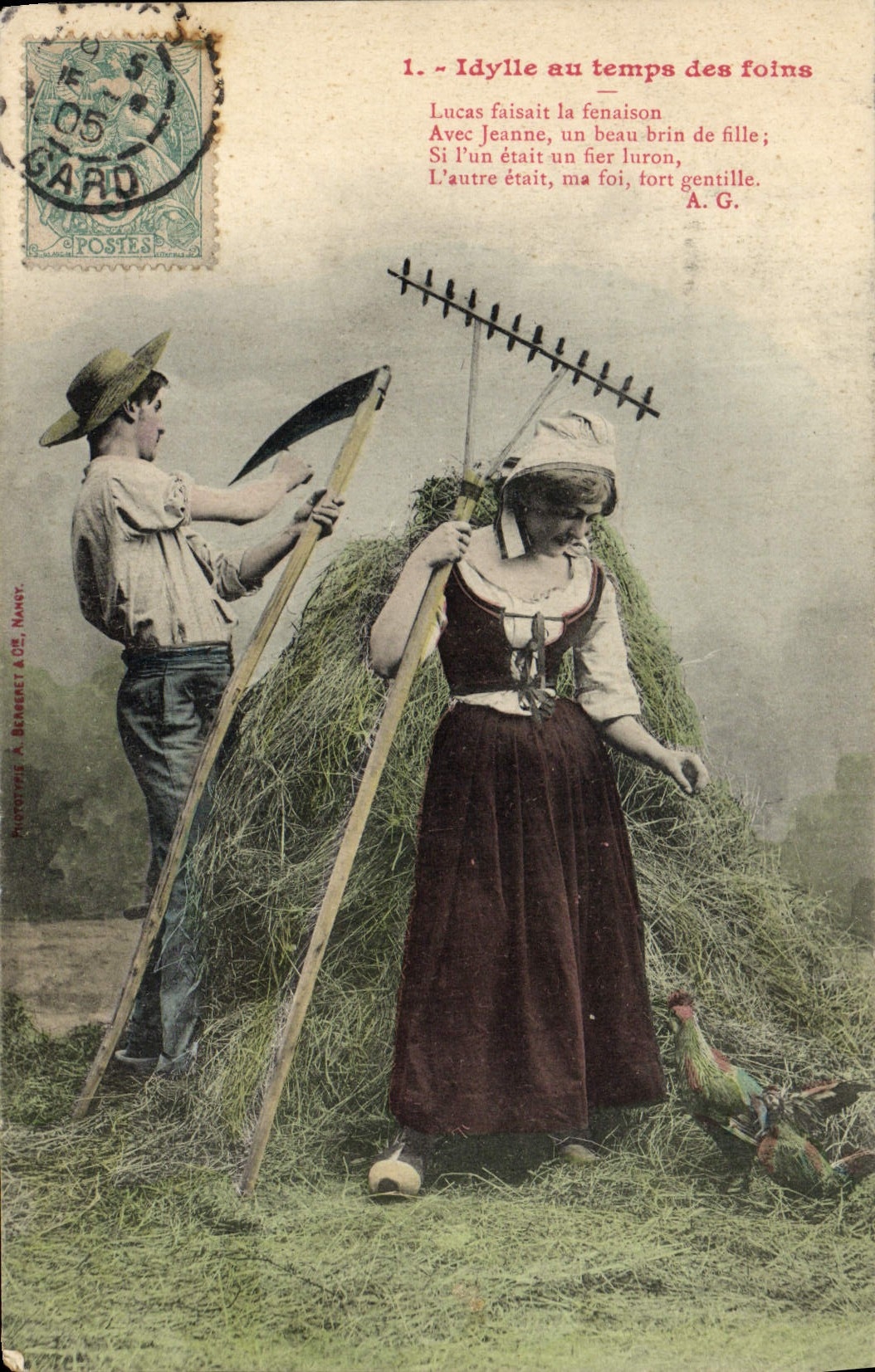 Idylle au temps des foins — Lucas faisait la fenaison — Phototype A. Berberet & Cie, Mandy