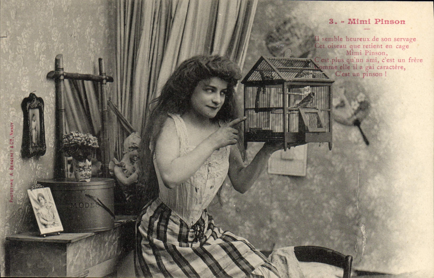 Mimi Pinson — mit Vogel in Käfig — Phototype A. Bergeret & Cie Nandy