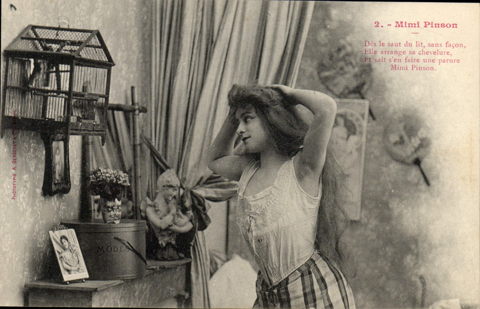 Mimi Pinson — Dès le saut du lit, sans façon, Elle arrange sa chevelure, Et sait s'en faire une parure — Phototype A. Besseert