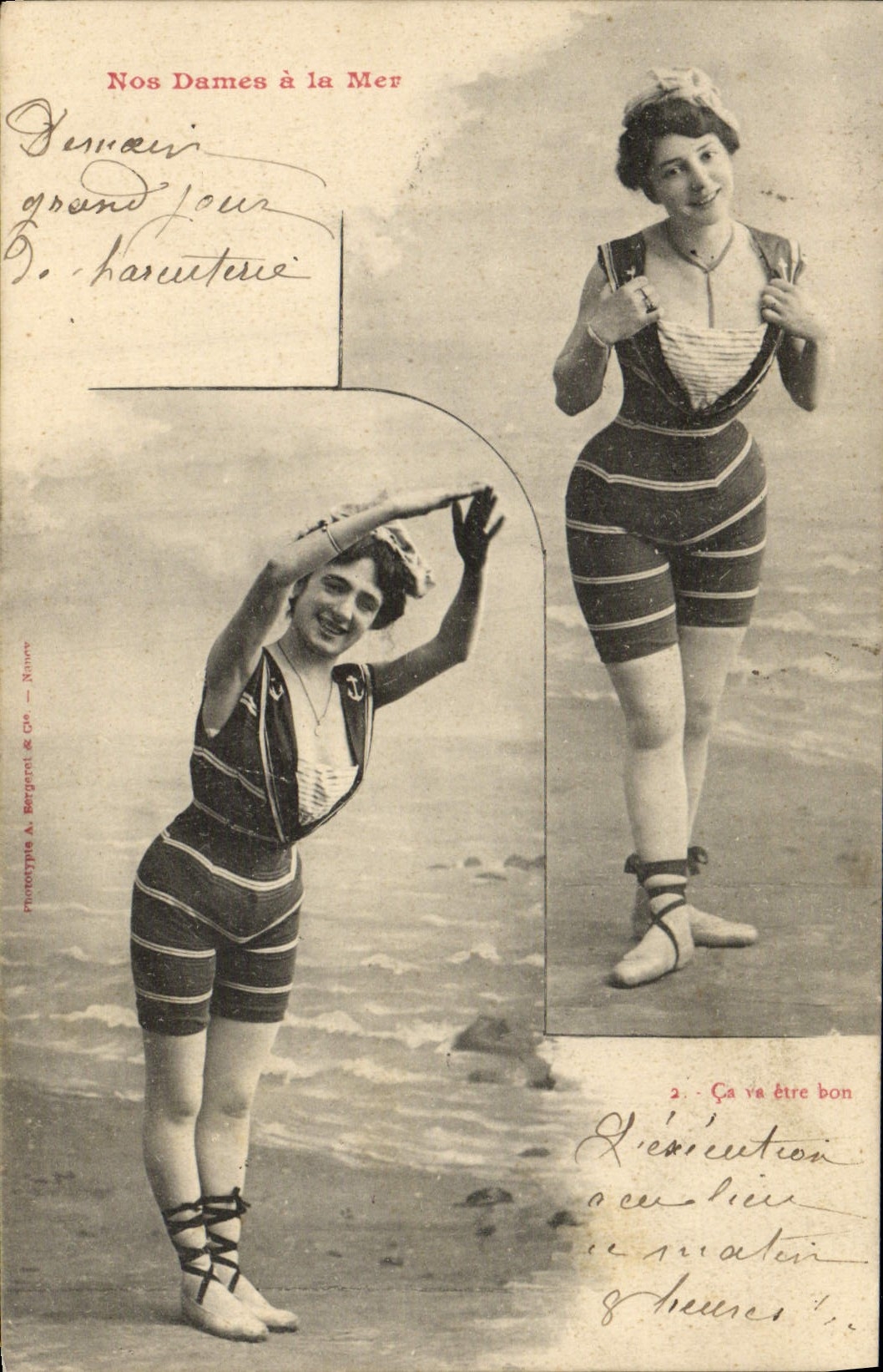 Nos Dames à la Mer — Deux femmes en maillots de bain à la plage — Phototype A. Bergarel & Cie — Nîmes