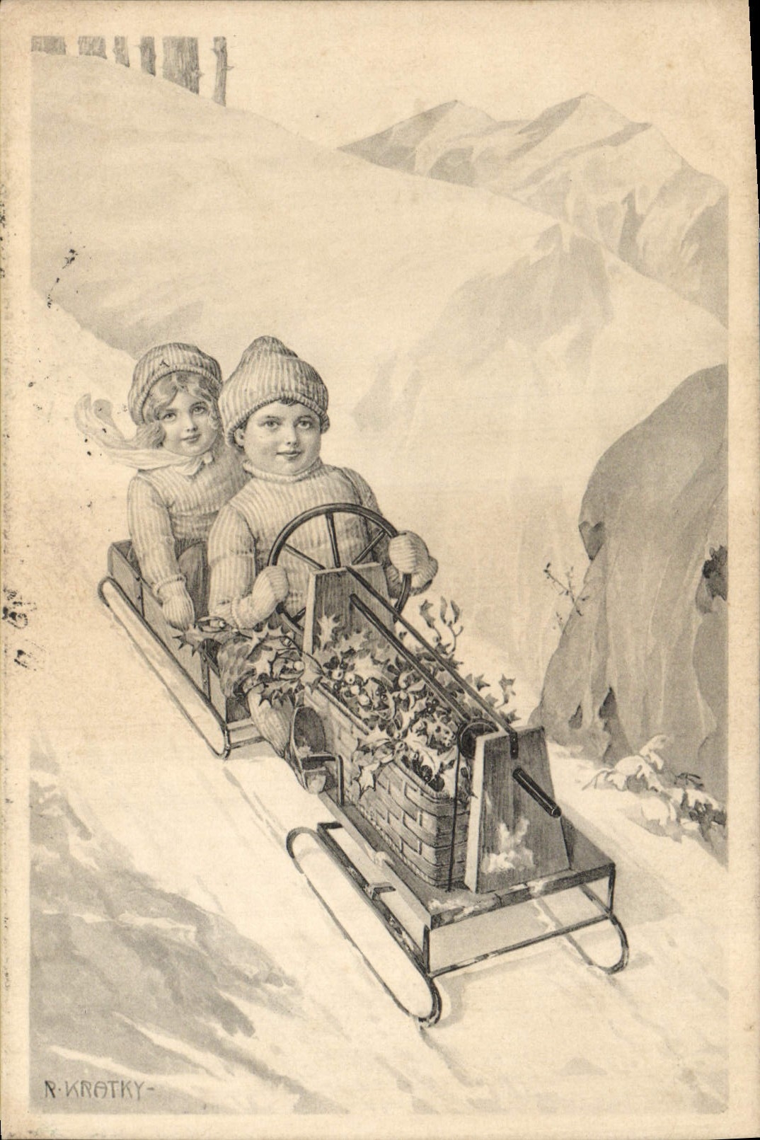 CPA Fantaisie Illustrateur Enfants Luge Kratky