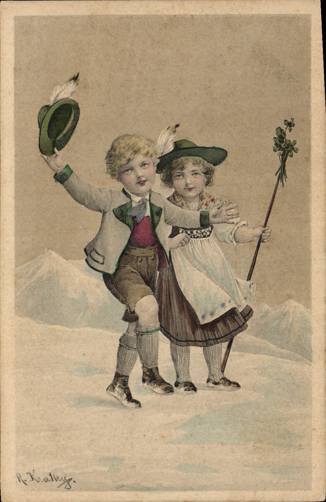 Enfants en tenue traditionnelle alpine — R. Kialky — Carte postale