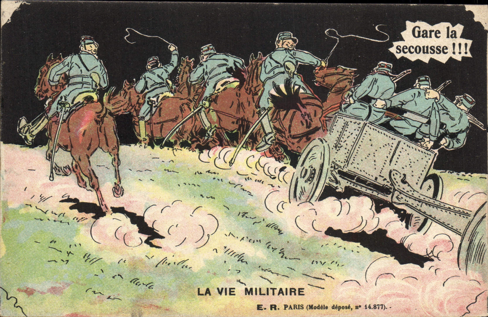 Soldats à cheval et char d'artillerie — La Vie Militaire — E.R. Paris (Modèle déposé, n° 14.877)