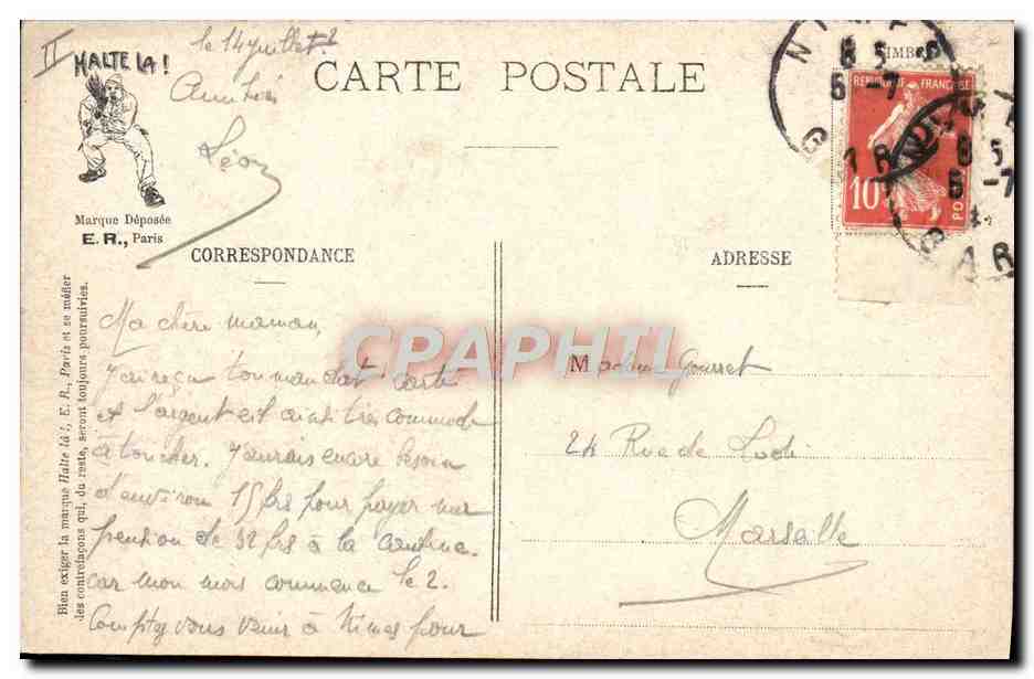 Soldats à cheval et char d'artillerie — La Vie Militaire — E.R. Paris (Modèle déposé, n° 14.877) — Reverso