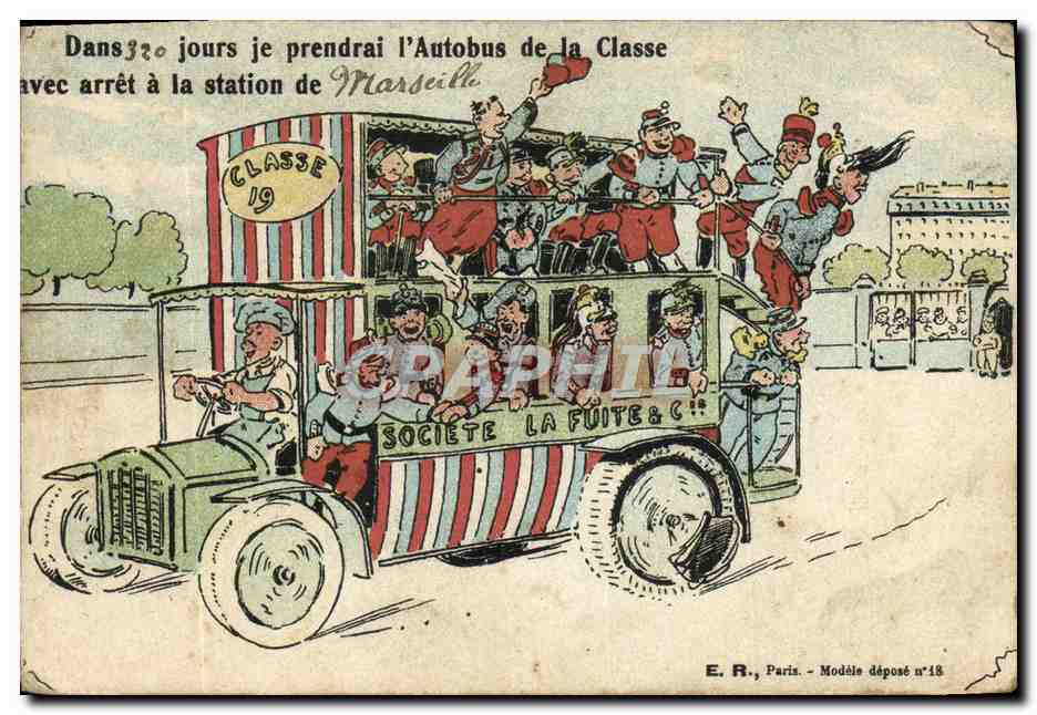 Autobus de la Classe — Caricature satirique — E.R., Paris, Modèle déposé n°18