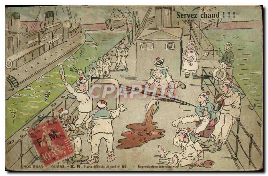 Nos braves marins — Serviez chaud !!! — E.R., Paris, Modèle déposé n° 92