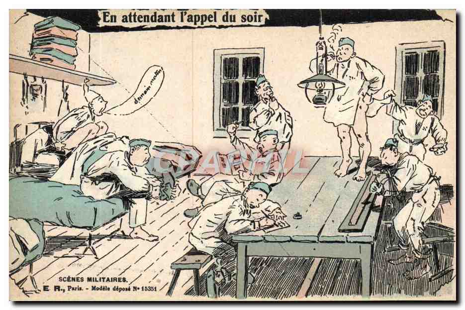 Scènes militaires — En attendant l'appel du soir — E.R., Paris, Modèle déposé N° 15351