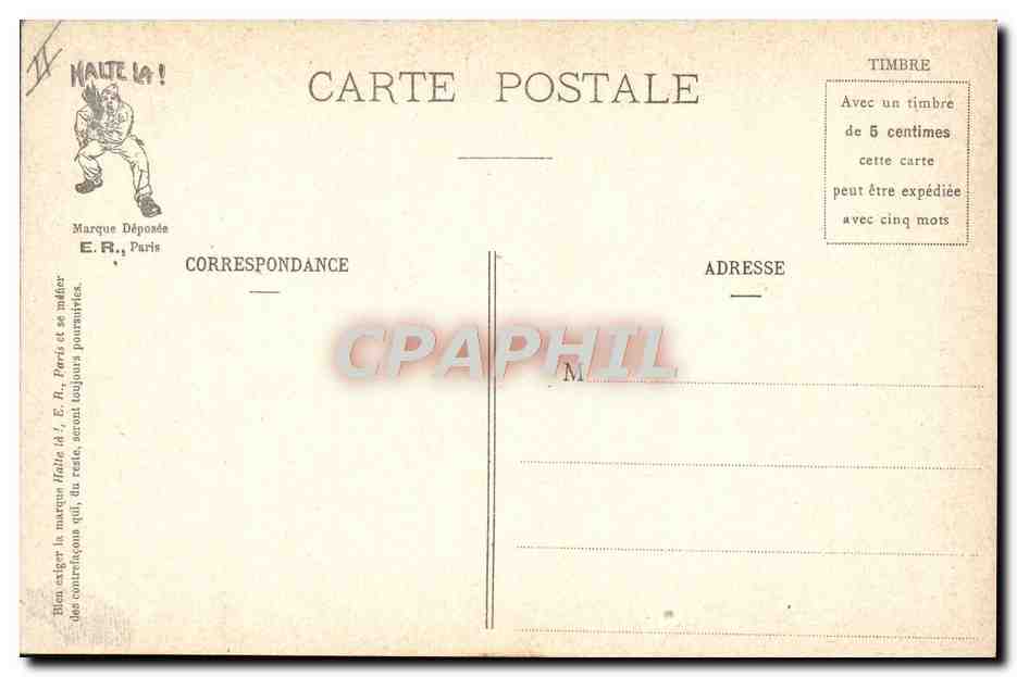 Scènes militaires — En attendant l'appel du soir — E.R., Paris, Modèle déposé N° 15351 — Verso