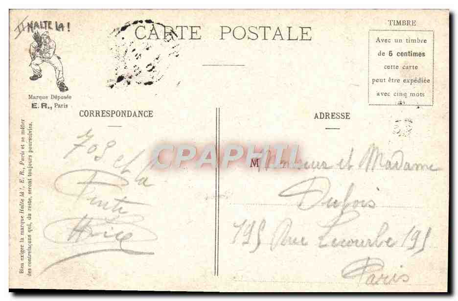 Scènes Militaires — Soldats en pleine effervescence — E.R., Paris, Modèle déposé n° 14877 — Verso