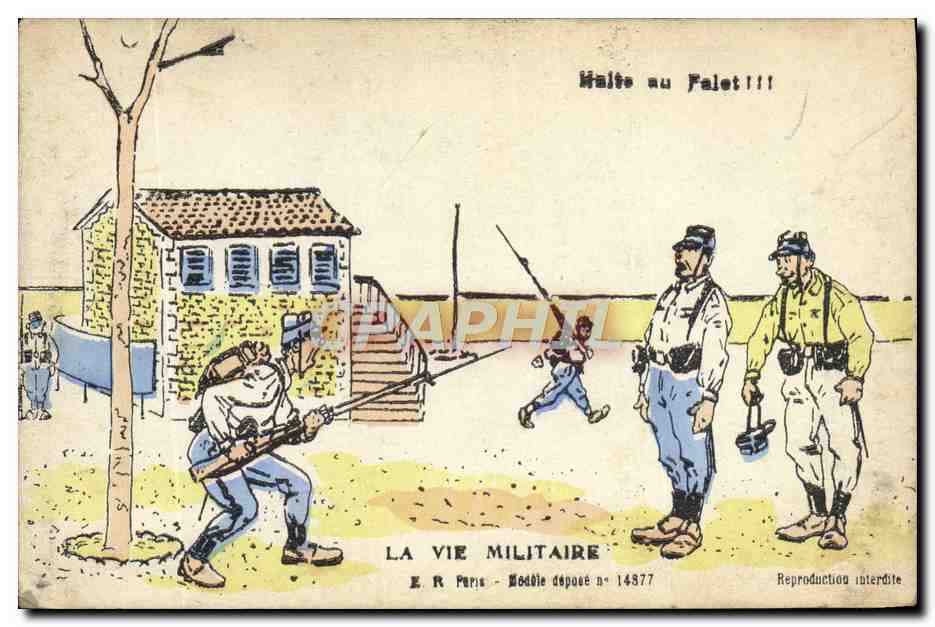 La Vie Militaire — Malte au Falet!!! — E.R. Paris, Modèle déposé n° 14877 - Anverso