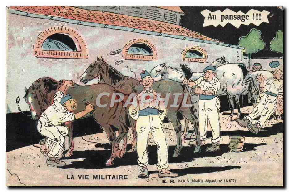 La vie militaire — Pansage des chevaux — E.R. Paris (Modèle déposé, n° 14.877)