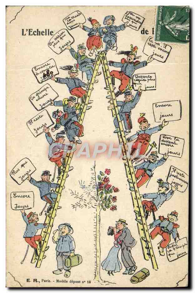 L'Échelle — caricature de soldats sur une échelle — E.R., Paris, Modèle déposé n° 18