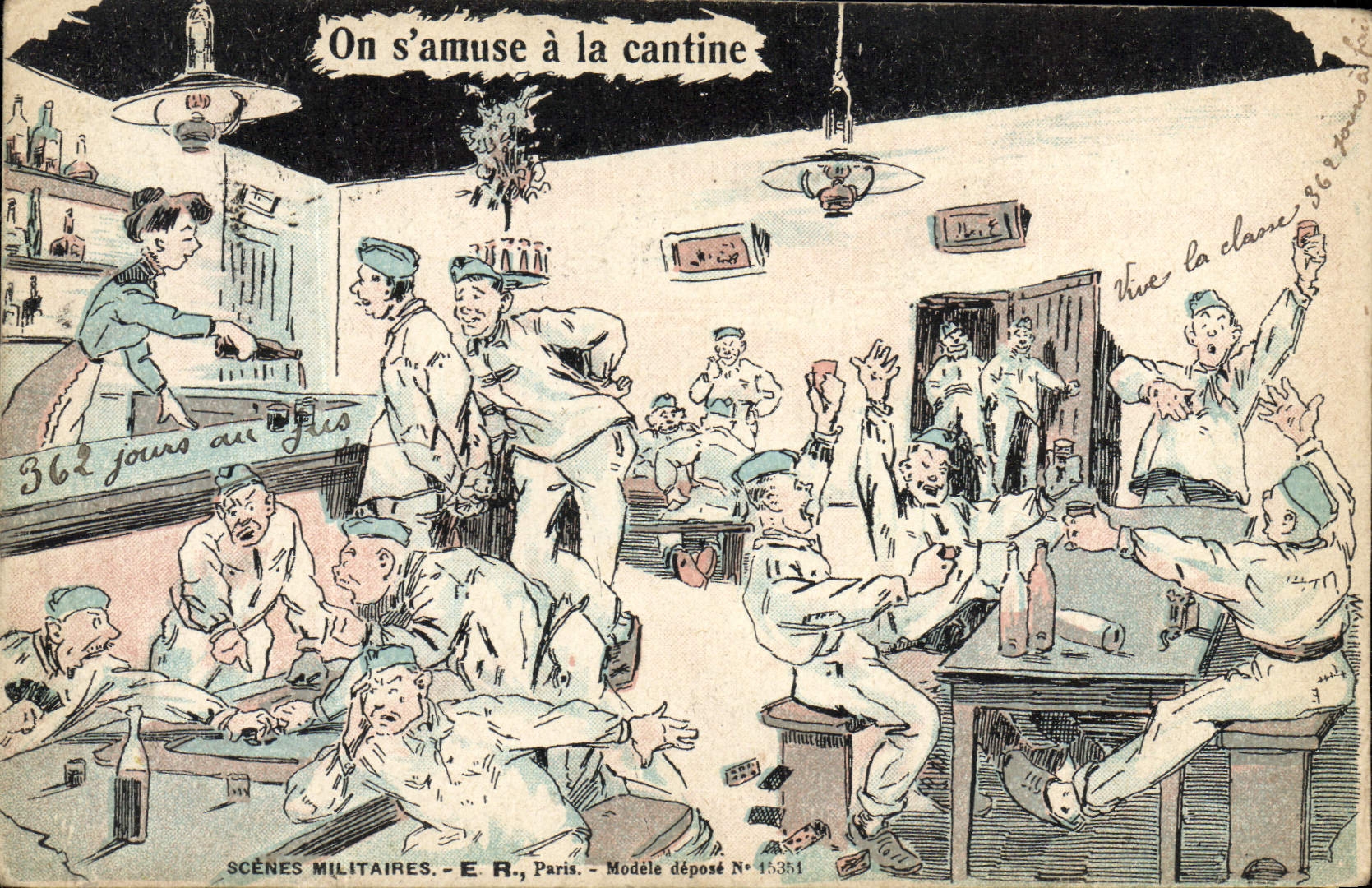 On s'amuse à la cantine — SCÈNES MILITAIRES — E.R., Paris — Modèle déposé N° 15381
