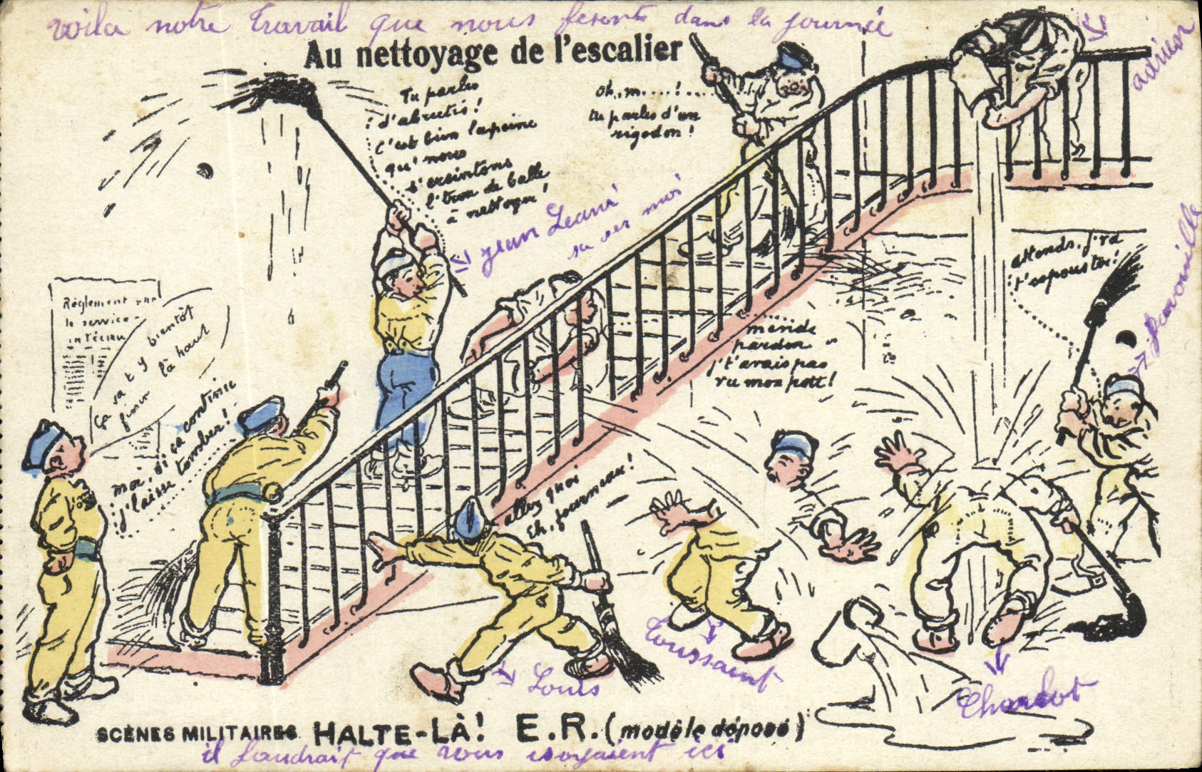 Scènes militaires — Nettoyage de l'escalier — Halte-là! E.R. (modèle déposé)