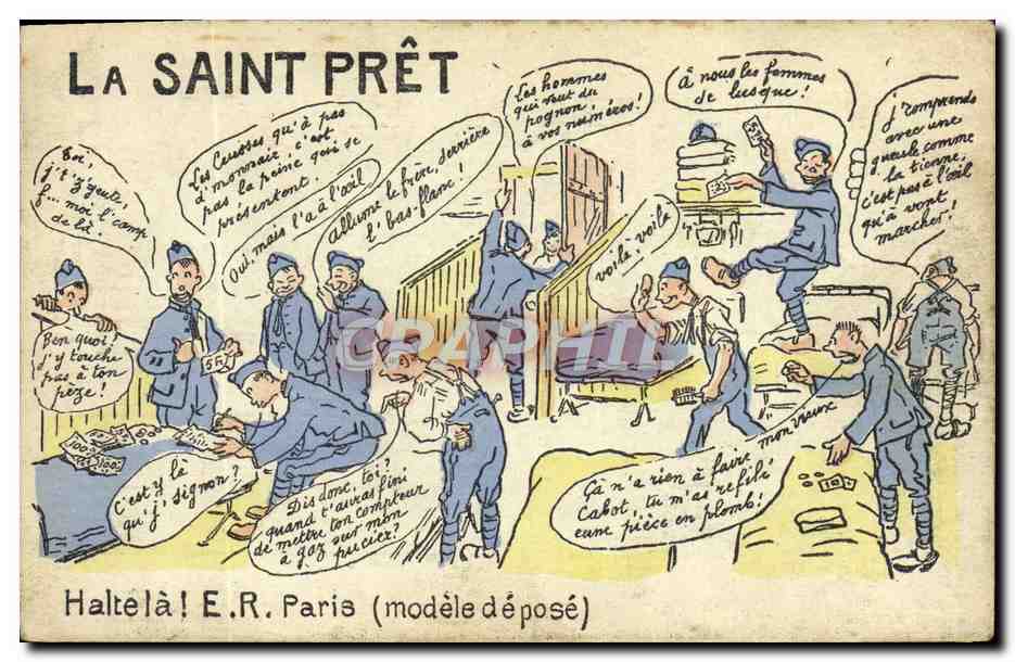 La Saint Prêt — caricature militaire — Haltel ! E.R. Paris (modèle déposé)